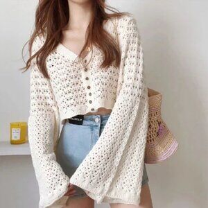 COMMENSE Bell Sleeve Crochet Knit Crop Sweater XS